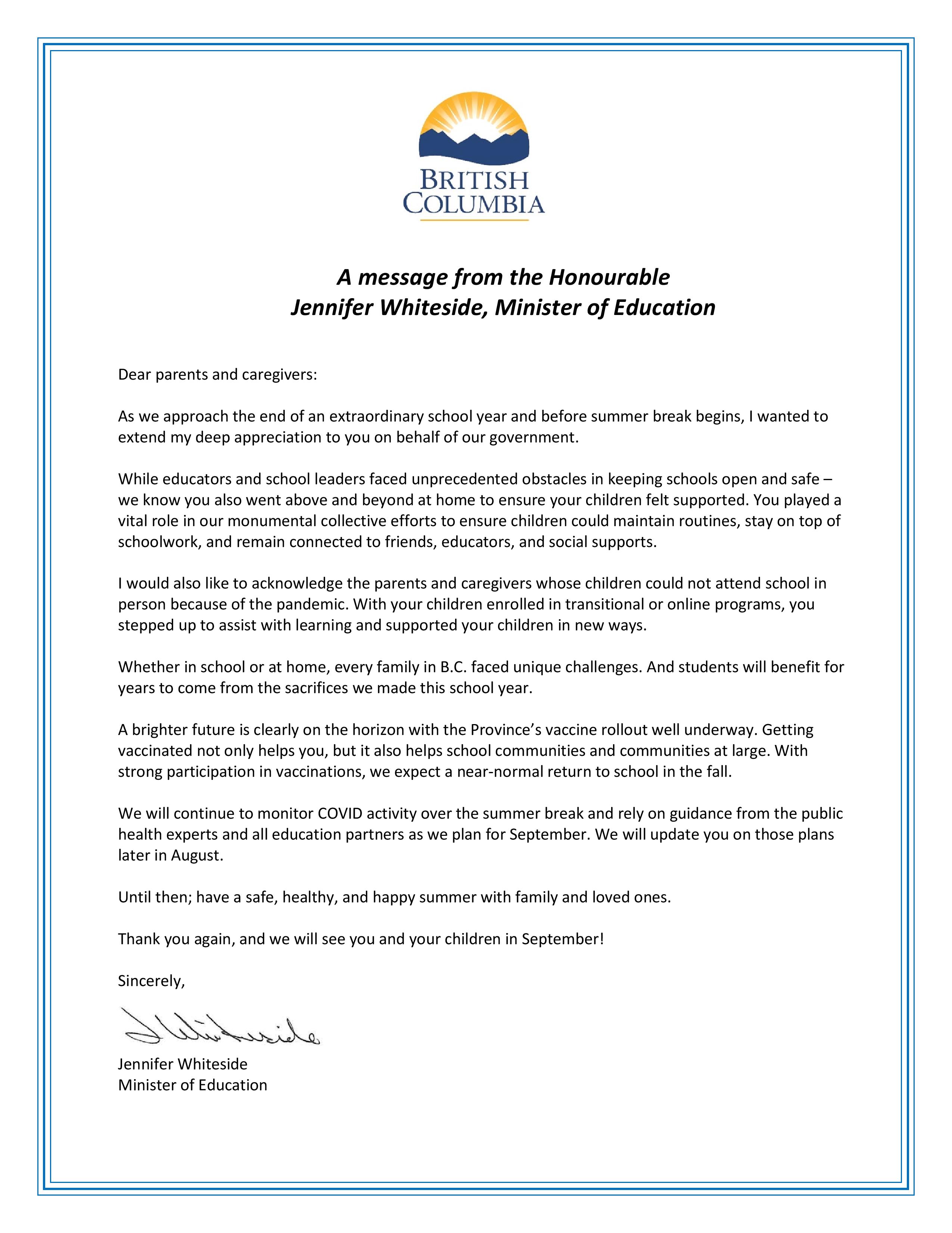Letter to parents and caregivers from the BC Ministry of Educastion