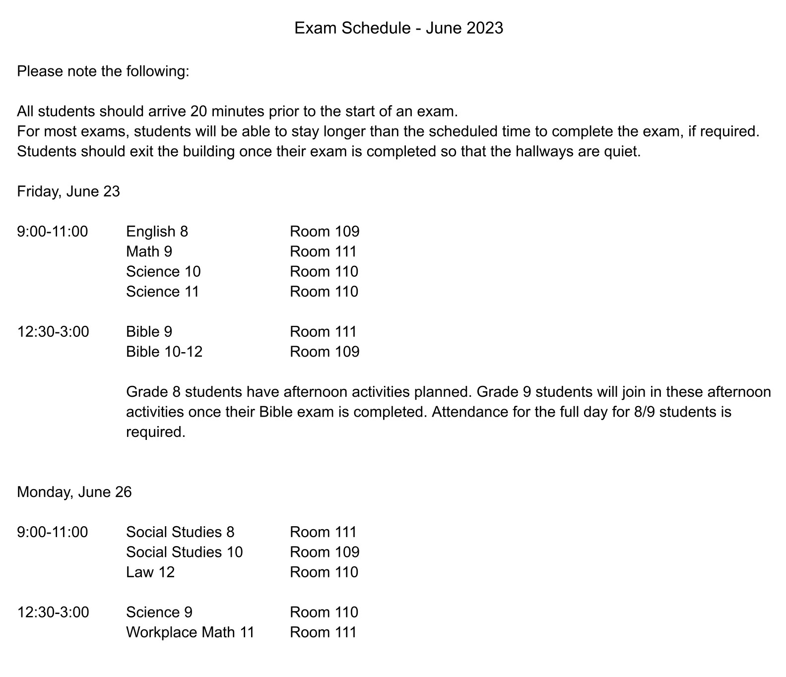 June 2023 Exam Schedule